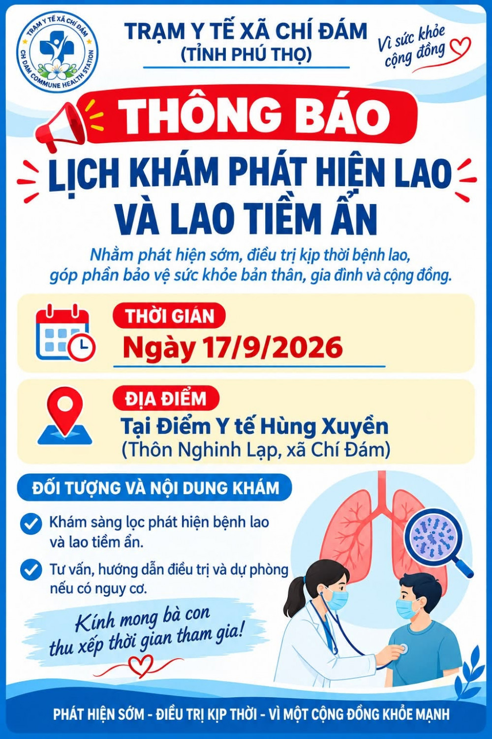Tổ chức khám sàng lọc phát hiện sớm người nghi mắc lao